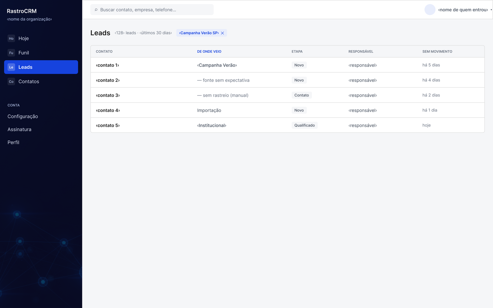 Lista de leads do RastroCRM com a origem em coluna e o tempo sem movimento